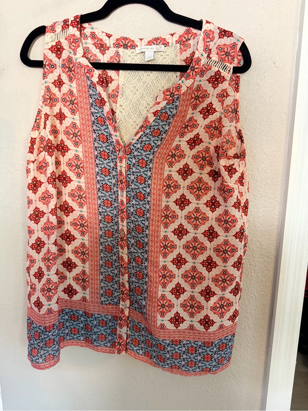 Westport 1962 Womenw Sleeveless Coral and Blue Printed Women’s Top Lace Back
